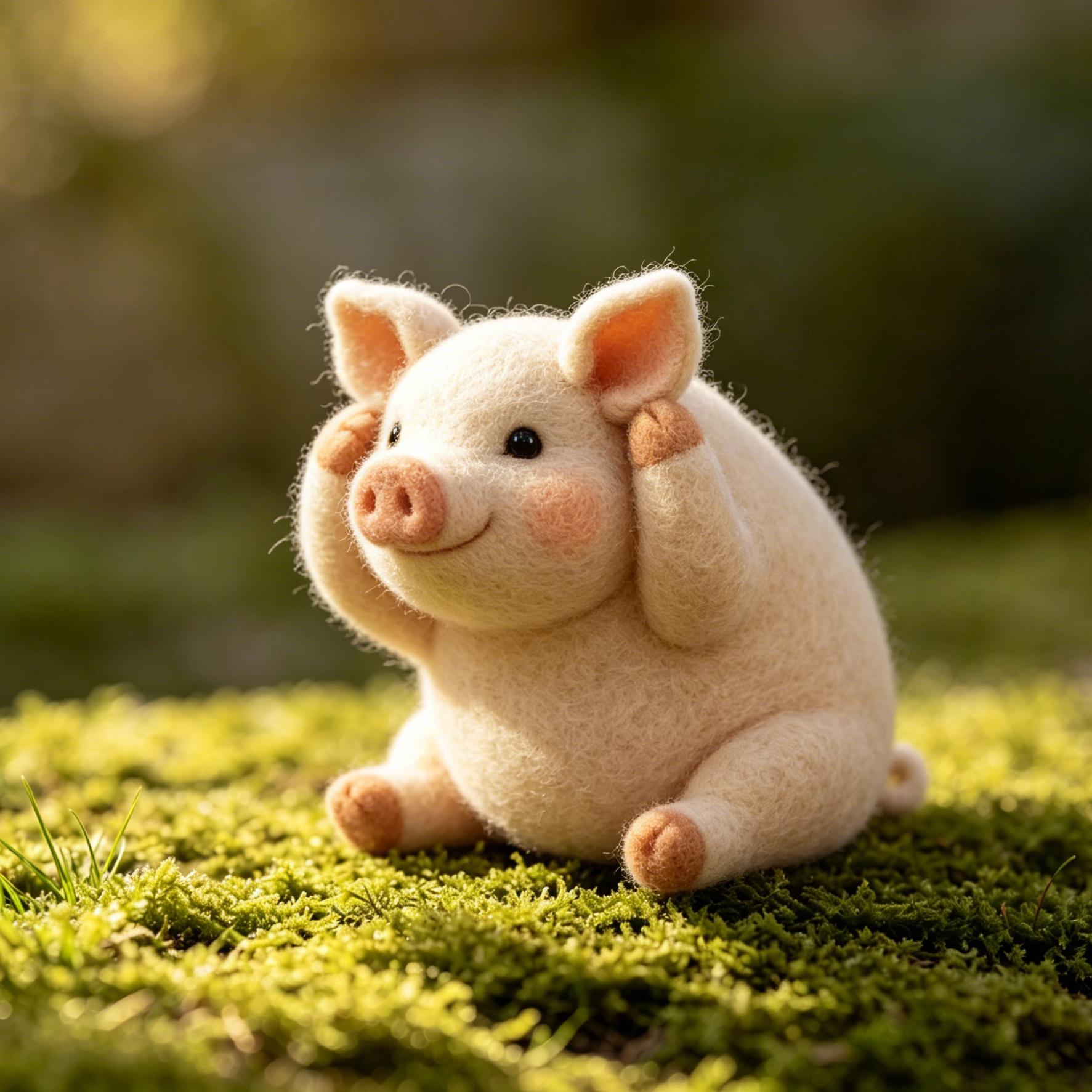 Needle Felted Sleeping Pig Wool Ornament - Image 3